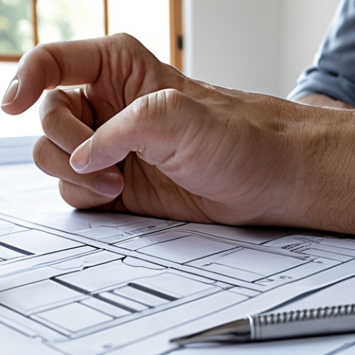 Home 15 **
A close-up showcasing an architect's hand pointing to a detailed blueprint during a contract review meeting with a homeowner. Focus on the expressions conveying careful consideration of responsibilities and scope of work. Include contract documents subtly in the background.
**