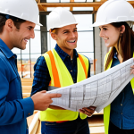 ** Construction site bustling with activity. Several engineers in hard hats are collaborating around blueprints. Focus on one experienced female engineer, smiling and confidently explaining something to a younger team member. Emphasize clear communication and teamwork. Natural daylight.

**