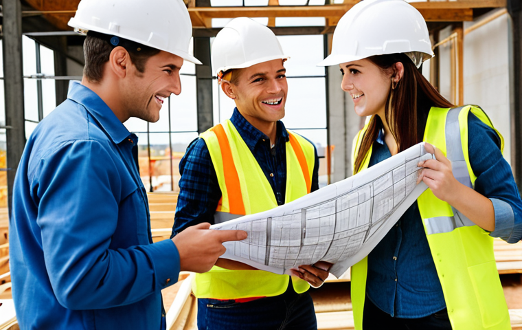 ** Construction site bustling with activity. Several engineers in hard hats are collaborating around blueprints. Focus on one experienced female engineer, smiling and confidently explaining something to a younger team member. Emphasize clear communication and teamwork. Natural daylight.

**