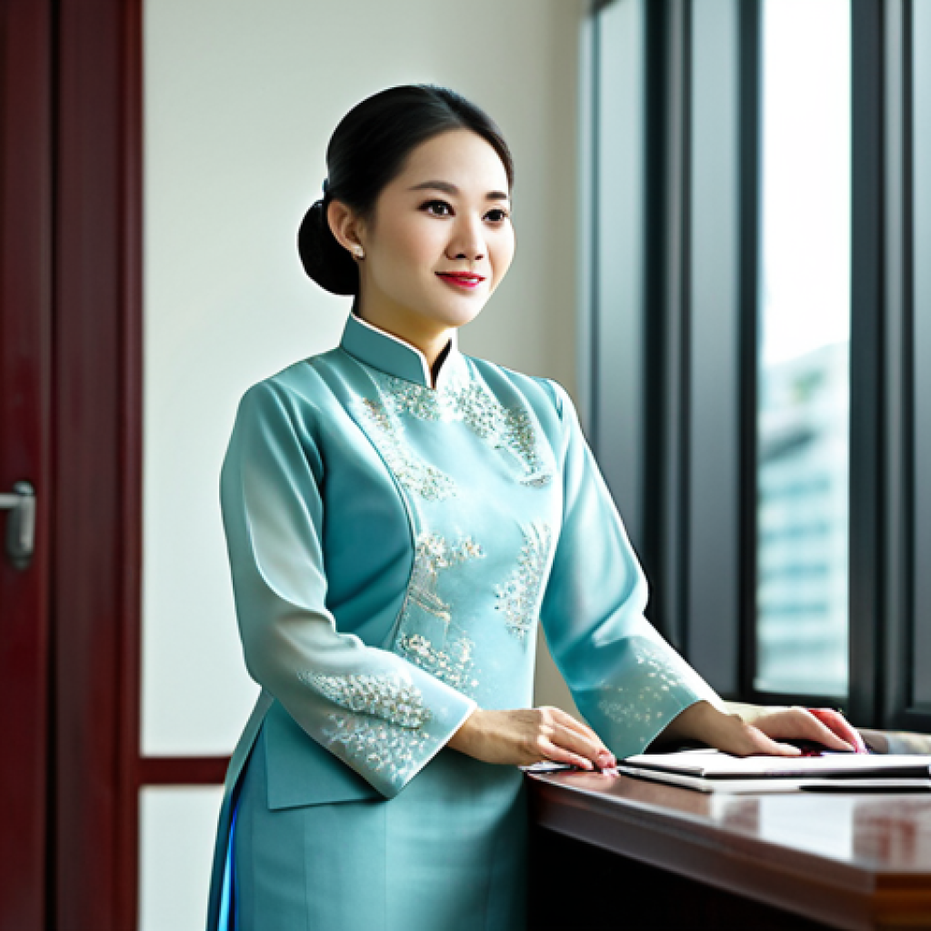 **
"A successful Vietnamese businesswoman in a modern, well-lit office in Ho Chi Minh City, wearing a traditional Ao Dai in a professional style (e.g., subtle colors, modest design), fully clothed, appropriate attire, safe for work, perfect anatomy, natural proportions, professional photography, high quality."
**