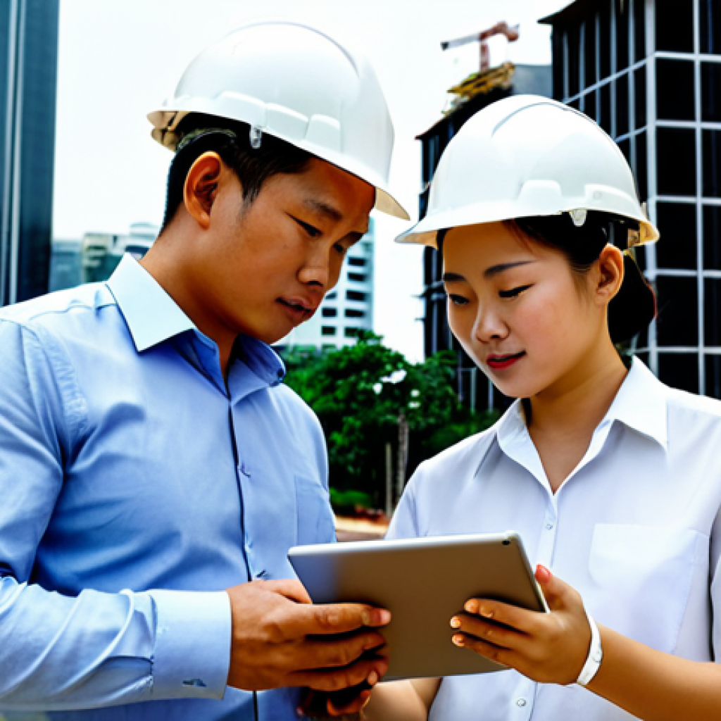 Modern Architect Meeting**
"A modern architect, fully clothed in appropriate business attire, reviewing BIM data on a tablet at a construction site in Ho Chi Minh City. Background features modern buildings, some under construction. Perfect anatomy, correct proportions, well-formed hands. Safe for work, appropriate content, professional, family-friendly, high-quality rendering."
**