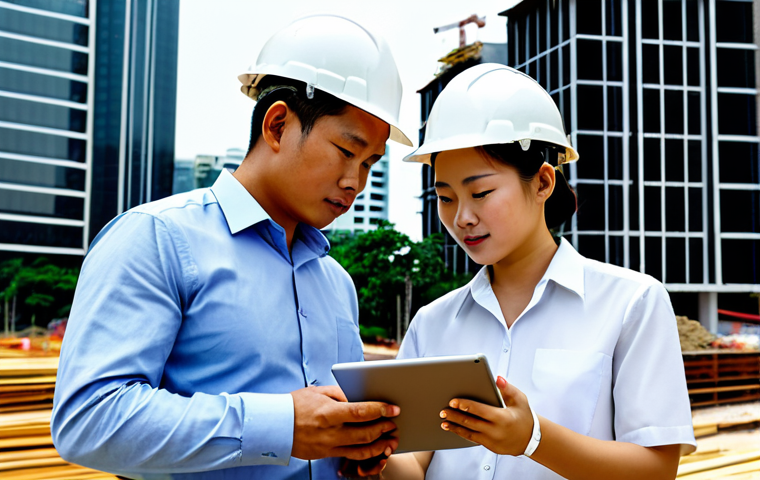 Modern Architect Meeting**
"A modern architect, fully clothed in appropriate business attire, reviewing BIM data on a tablet at a construction site in Ho Chi Minh City. Background features modern buildings, some under construction. Perfect anatomy, correct proportions, well-formed hands. Safe for work, appropriate content, professional, family-friendly, high-quality rendering."
**