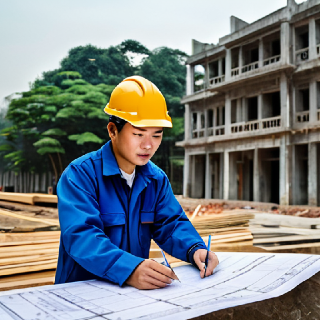 "A professional Vietnamese engineer, fully clothed in a modest construction uniform and hard hat, reviewing blueprints on a construction site in Hanoi, Vietnam. Construction workers in the background. Perfect anatomy, correct proportions, natural pose, high-quality rendering, safe for work, appropriate content, professional."