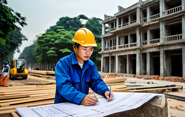 "A professional Vietnamese engineer, fully clothed in a modest construction uniform and hard hat, reviewing blueprints on a construction site in Hanoi, Vietnam. Construction workers in the background. Perfect anatomy, correct proportions, natural pose, high-quality rendering, safe for work, appropriate content, professional."