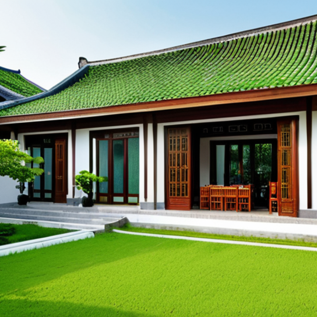 Harmonious Integration**
"A modern Vietnamese home exterior, fully clothed people enjoying the space, seamlessly blends traditional Vietnamese architectural elements (tiled roof, wooden accents) with modern design (large windows, clean lines), lush green garden, Hoi An influence, perfect anatomy, correct proportions, natural pose, professional architectural photography, high quality, safe for work, appropriate content, professional, modest, family-friendly."
**
