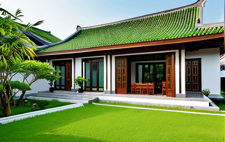 Harmonious Integration**
"A modern Vietnamese home exterior, fully clothed people enjoying the space, seamlessly blends traditional Vietnamese architectural elements (tiled roof, wooden accents) with modern design (large windows, clean lines), lush green garden, Hoi An influence, perfect anatomy, correct proportions, natural pose, professional architectural photography, high quality, safe for work, appropriate content, professional, modest, family-friendly."
**