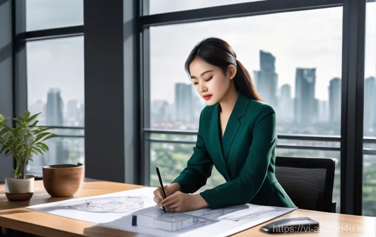 건축분야에서의 자격증 준비 사례 - **Prompt: Focused Vietnamese Architect Designing Modern Buildings**
A highly detailed, photoreal...