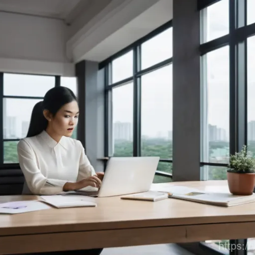 건축분야 연봉 협상에서의 팁 - **Prompt:** A young Vietnamese architect, female, in her early twenties, seated at a sleek, minimali...