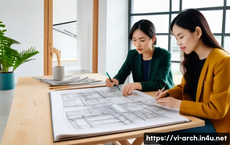 건축기사와 건축 공사 단계별 경험 - **Prompt 1: Collaborative Design Session with Architect and Clients**
A bright, modern architect...