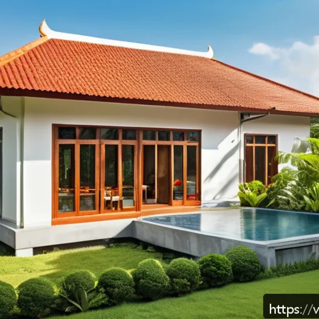 건축기사와 에너지 절약 기술 - A modern Vietnamese house exterior in a tropical climate, showcasing eco-friendly building materials...