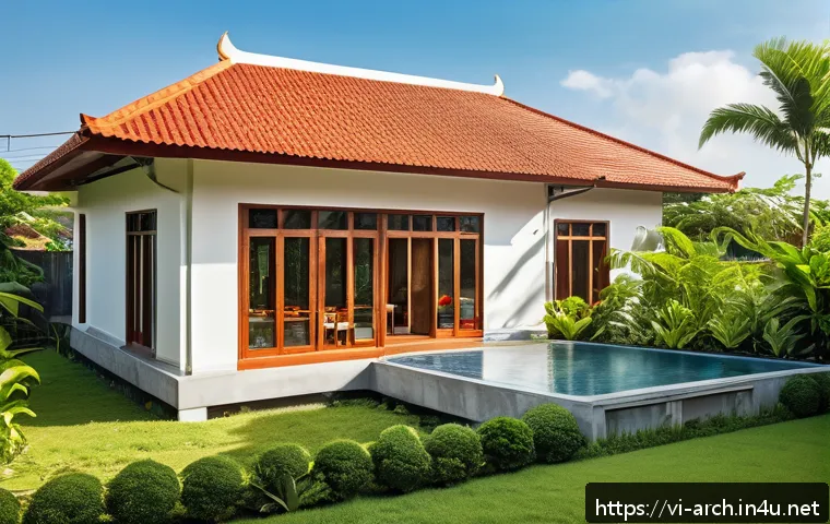 건축기사와 에너지 절약 기술 - A modern Vietnamese house exterior in a tropical climate, showcasing eco-friendly building materials...