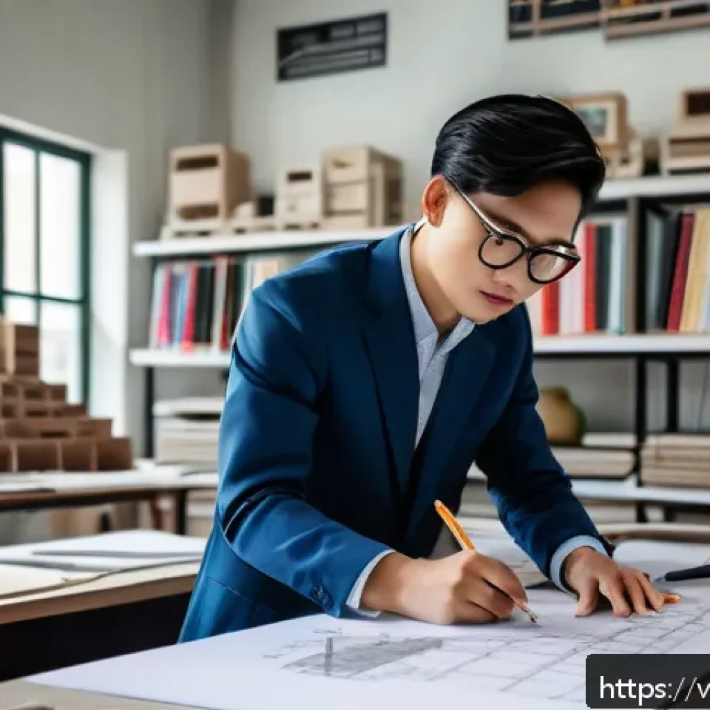 건축사와 학생 멘토링 경험 - A young Vietnamese architecture student wearing modest professional attire and glasses, actively ske...