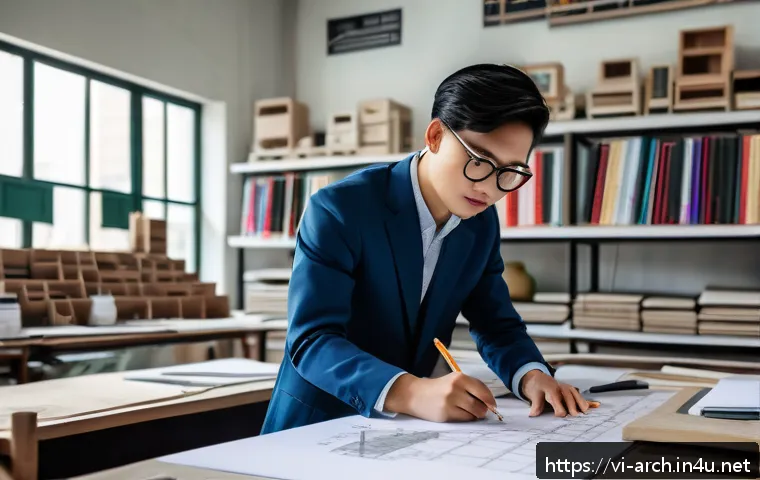 건축사와 학생 멘토링 경험 - A young Vietnamese architecture student wearing modest professional attire and glasses, actively ske...