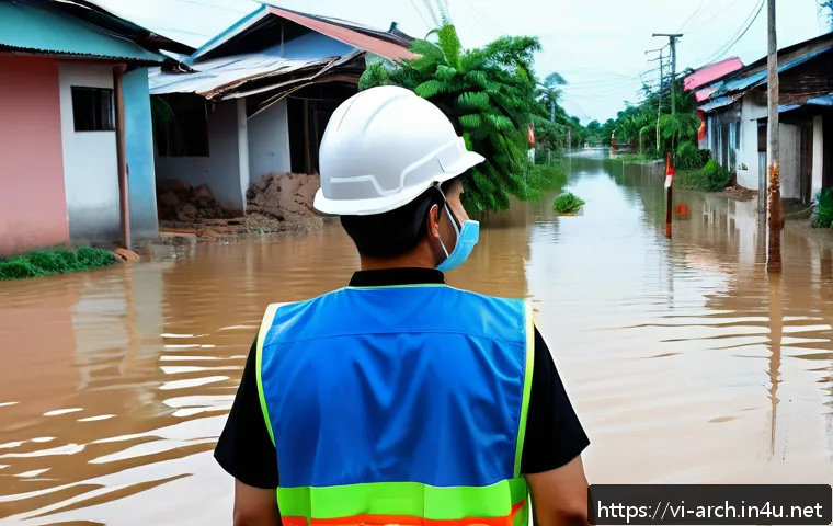 건축기사와 재해 복구 프로젝트 - A Vietnamese civil engineer wearing a safety helmet and reflective vest, conducting a detailed damag...