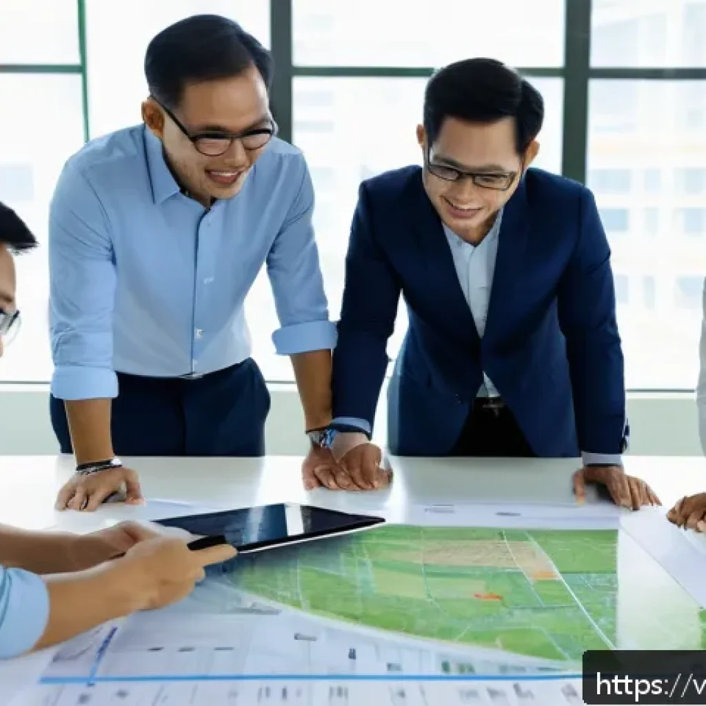 건축분야에서의 고객 커뮤니케이션 사례 - A professional construction project meeting in a modern Vietnamese office, diverse team of architect...