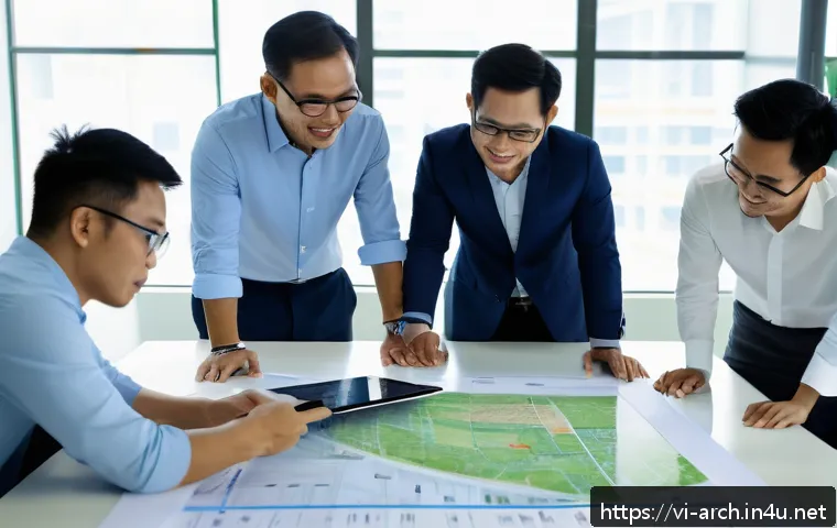 건축분야에서의 고객 커뮤니케이션 사례 - A professional construction project meeting in a modern Vietnamese office, diverse team of architect...