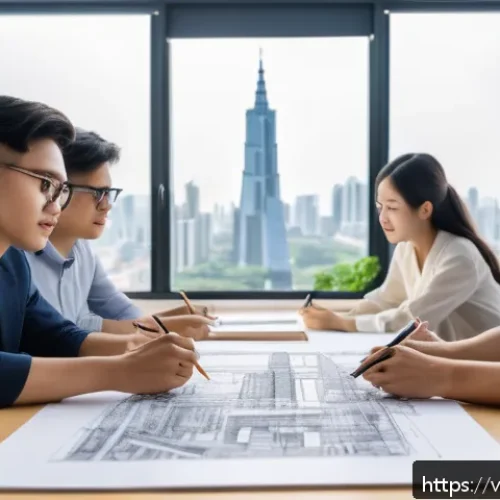 Home 33 건축분야에서의 해외 인턴십 경험 - A diverse group of young international architecture interns collaborating around a large table with ...