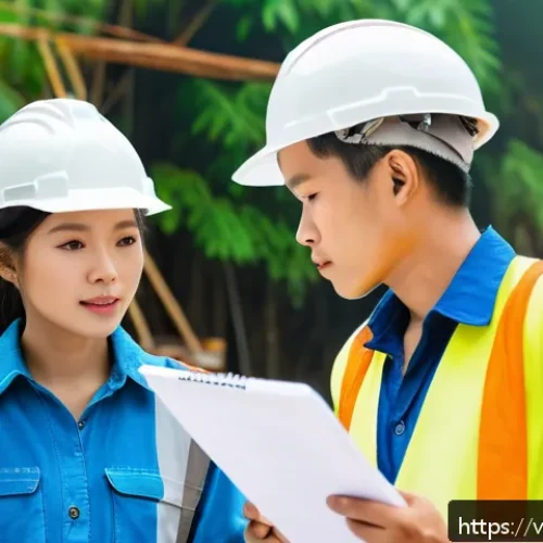 Home 31 건축기사로서 현장 경험 쌓는 법 - A bustling Vietnamese construction site during daytime, featuring young engineers and experienced wo...