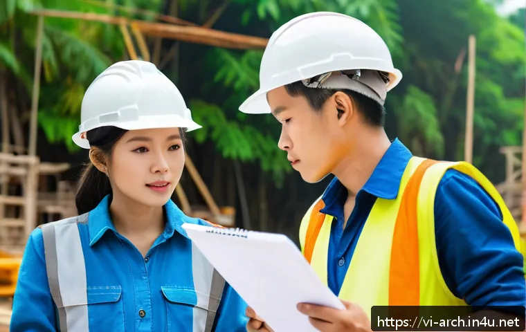 건축기사로서 현장 경험 쌓는 법 - A bustling Vietnamese construction site during daytime, featuring young engineers and experienced wo...