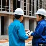 Home 18 건축기사와 유지 보수 계획 사례 - A detailed scene of a Vietnamese construction site with engineers and maintenance workers inspecting...