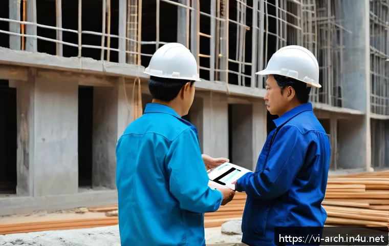 건축기사와 유지 보수 계획 사례 - A detailed scene of a Vietnamese construction site with engineers and maintenance workers inspecting...