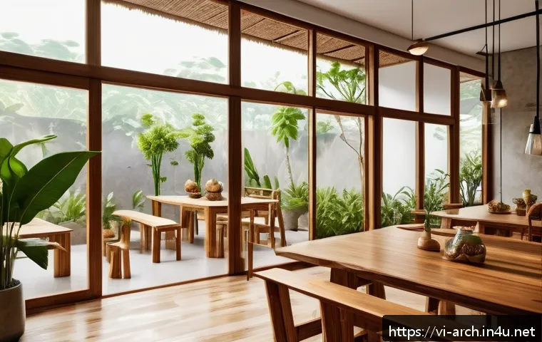 건축사로서의 산업 동향 분석 - A modern Vietnamese sustainable architectural interior featuring recycled wood furniture and natural...