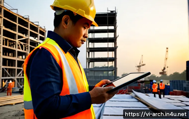 건축기사와 건설관리 전문가의 역할 - Photorealistic Vietnamese construction site at early morning, a civil engineer in a clean hard hat s...