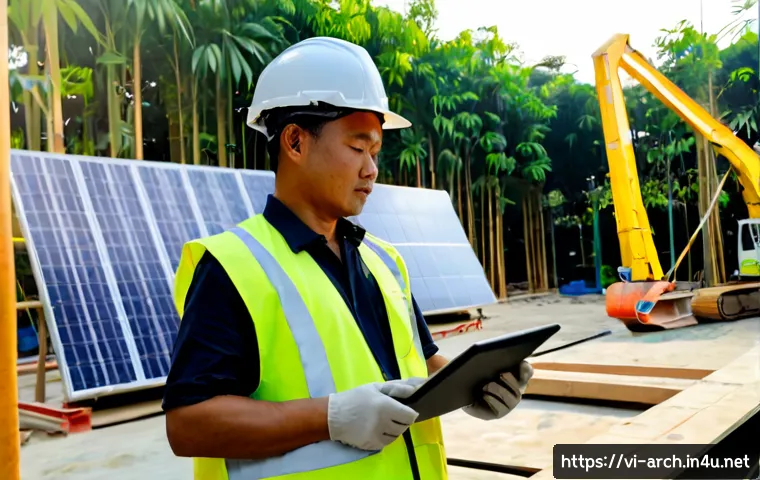 Home 17 건축기사와 친환경 인증 시스템 - Photorealistic Vietnamese green building engineer wearing a safety helmet and reflective vest, stand...