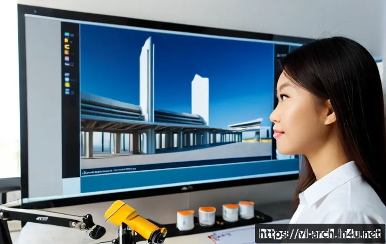 건축기사와 AI 기반 설계 기술 - Photorealistic Vietnamese architectural engineer in a clean modern studio, reviewing a detailed buil...